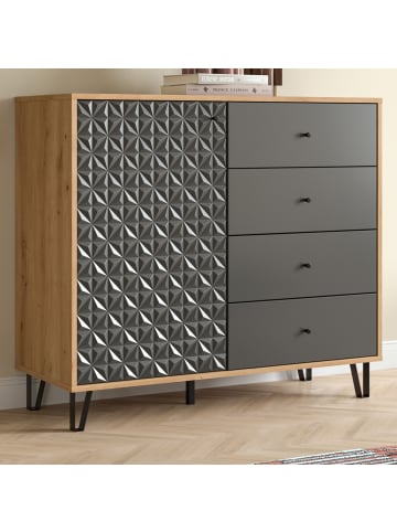 Inn.Furn Kommode grau, Eiche Artisan 110 x 96 cm, Sideboard mit 3D-Struktur