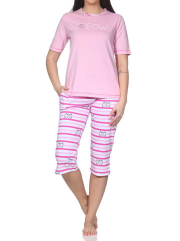 NORMANN Kurzarm Capri Schlafanzug Pyjama Katzen Optik Übergrößen in rosa