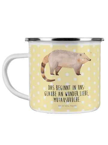 Mr. & Mrs. Panda Camping Emaille Tasse Nasenbär mit Spruch in Gelb Pastell