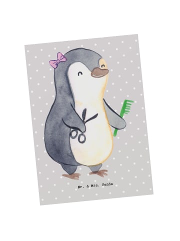 Mr. & Mrs. Panda Ansichtskarte Friseurin Herz ohne Spruch in Grau Pastell