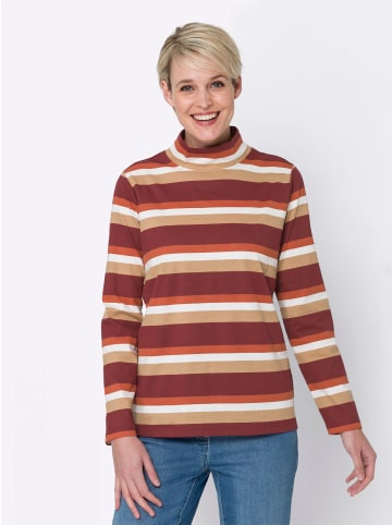 Sieh an! Stehkragen-Shirt in dunkelrot-camel-geringelt