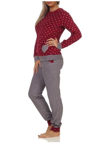 NORMANN Frottee Pyjama Bündchen Herz Tupfen und Ringeldesign - 58203 in Rot