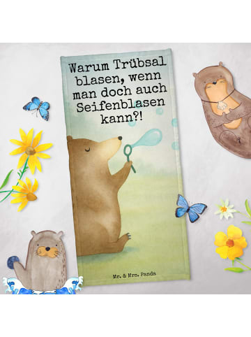 Mr. & Mrs. Panda Strandtuch Bär Seifenblasen Design mit Spruch in Blau Pastell