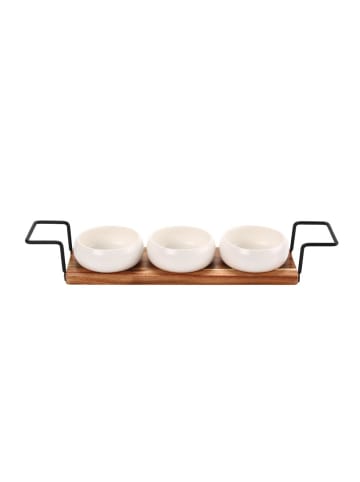 Cheffinger Dip-Schalenset mit Bambusbrett - Servierset mit Keramikschalen in Weiß, Braun