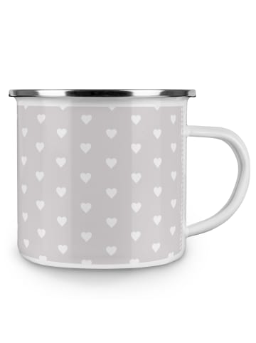 Mr. & Mrs. Panda Camping Emaille Tasse Pinguine Kuscheln mit Spruch in Grau Pastell