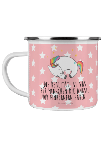 Mr. & Mrs. Panda Camping Emaille Tasse Einhorn Nacht mit Spruch in Rot Pastell
