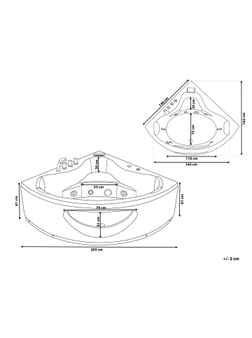 Beliani Eckbadewannen TOCOA in Weiß/Schwarz/Silber - (W) 146 x (H) 61 x (L) 205 cm