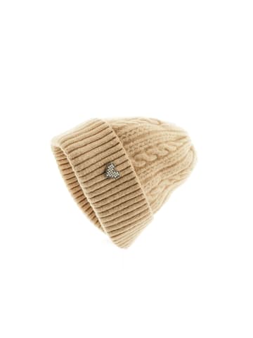 Faera Strickmütze mit Herzmotiv für Damen und Mädchen mit Flechtmuster in Hellbraun