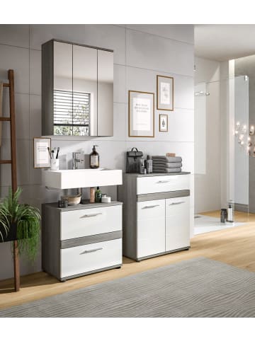 Inn.Furn Badmöbel-Set 3-teilig weiß Hochglanz, grau 146 cm, Kombination mit viel Stauraum