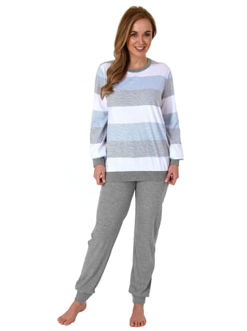NORMANN Frottee Pyjama Bündchen Block Streifen - 69374 in hellblau