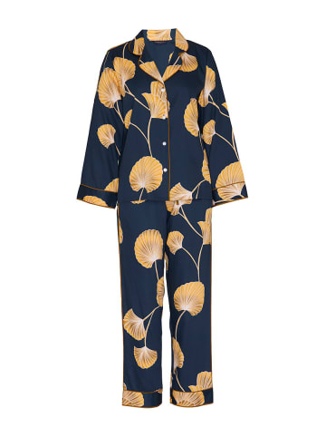 Fable & Eve Sapphire Navy Mix Woven Leaf Print Long Sleeve Pyjama Set Nachtwäsche in blau