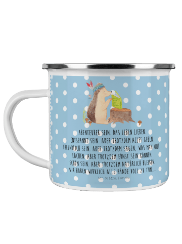 Mr. & Mrs. Panda Camping Emaille Tasse Igel Federschmuck mit Spruch in Blau Pastell