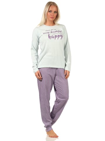 NORMANN langarm Schlafanzug Pyjama Schriftzug und karierter Hose - 64539 in türkis