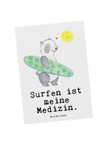 Mr. & Mrs. Panda Postkarte Panda Surfen mit Spruch in Weiß
