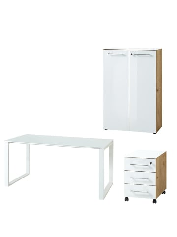 KADIMA DESIGN Büro-Set Schreibtisch Schrank Container Glasfront in Chalet-Eiche-Nb.-Weiß