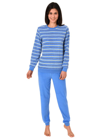 NORMANN Frottee Pyjama für Bündchen und geringelten Oberteil - 49947 in hellblau