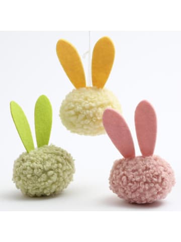 MARELIDA 3er Set Pompom Osterhase mit Filzohren Osterdeko H: 12cm