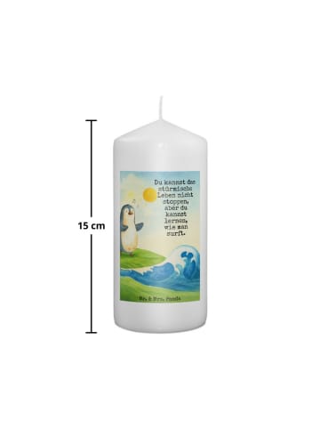 Mr. & Mrs. Panda Adventskerze Pinguin Surfer Design mit Spruch in Weiß
