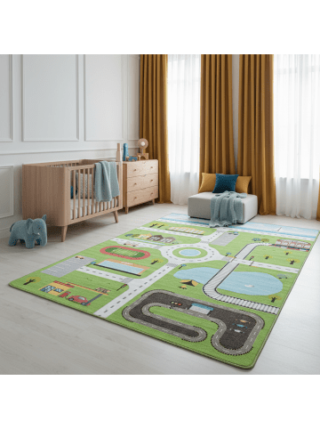KADIMA DESIGN Kinderteppich Waschbar Spielstraße TRAUN Strapazierfähig OEKO-TEX in Grün