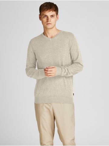 Jack & Jones Dünner Langarm Strickpullover V-Neck Basic Sweater JJEEMIL in Hellgrau