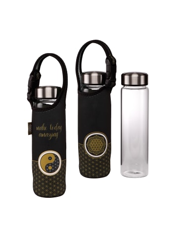 Goebel Glasflasche mit Neoprenhülle " Lotus - Yin Yang schwarz " in Bunt