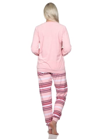 NORMANN Frottee Schlafanzug lang Bündchen Hose gestreift - 81806 in rosa