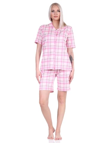 NORMANN kurzarm Shorty Pyjama Jersey zum durchknöpfen Karo - 72844 in rosa