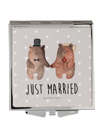 Mr. & Mrs. Panda Schminkspiegel Bär Heirat mit Spruch in Grau Pastell
