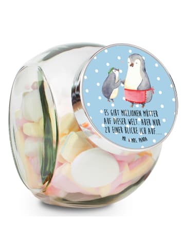 Mr. & Mrs. Panda Bonbonglas Pinguin mit Kind mit Spruch in Blau Pastell