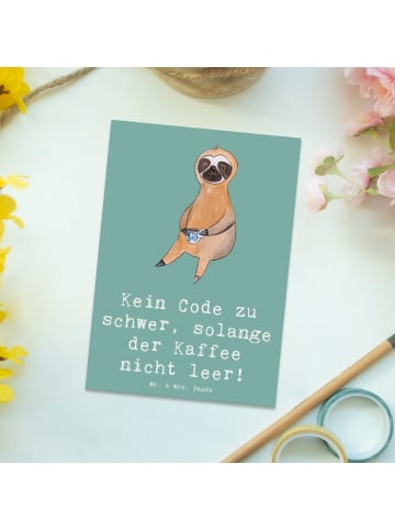Mr. & Mrs. Panda Ansichtskarte Code und Kaffee mit Spruch in Meeresbrise