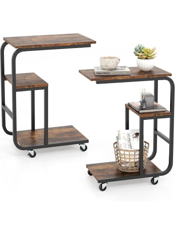COSTWAY 2er Set Beistelltisch mit Rollen in Braun
