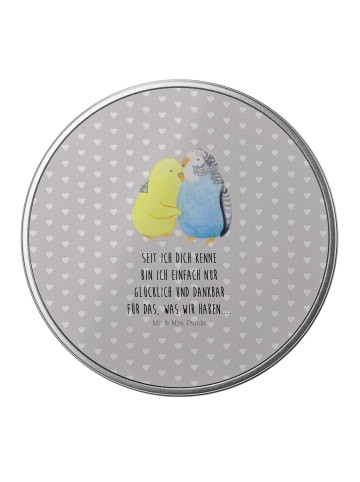 Mr. & Mrs. Panda Blechdose rund Wellensittich Liebe mit Spruch in Grau Pastell