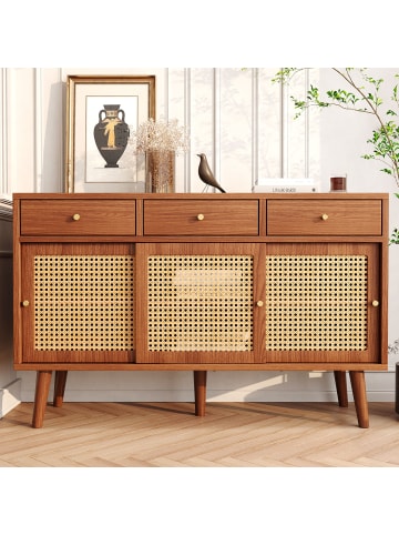 ABRIHOME Sideboard in Nussbaum mit Rattanfront und 3 Schubladen 120x40 cm