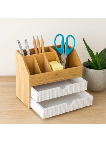 relaxdays Schreibtisch Organizer in Natur/Weiß - (B)24 x (H)19 x (T)14 cm