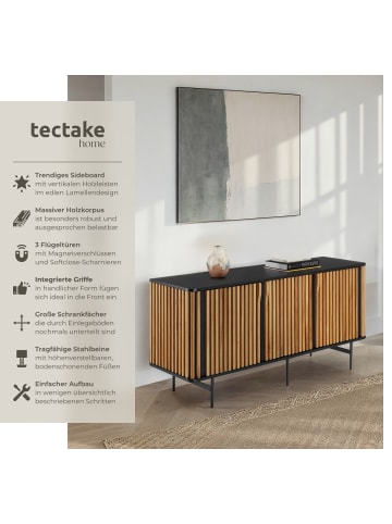 tectake Kommode Lineo, Lamellenoptik, 3 Schrankfächer, Massivholz