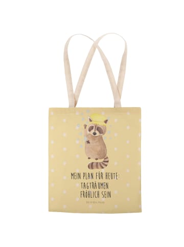 Mr. & Mrs. Panda Strandtasche Waschbär mit Spruch in Gelb Pastell