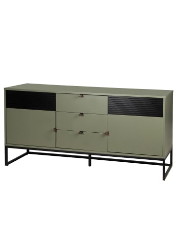 home24 home24 Sideboard 160 cm aus beschichteter Spanplatte, lackiertem MDF & Kunstledergriff in Eiche Dekor, 160 x 75 x 40 cm in Olivgrün