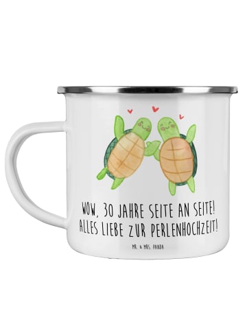Mr. & Mrs. Panda Camping Emaille Tasse 30. Hochzeitstag Perlenho... in Weiß