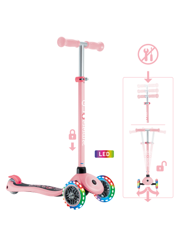 GLOBBER Scooter PRIMO LIGHTS Roller in pastellrosa, mit Leuchtrollen