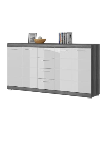 Inn.Furn Sideboard weiß Hochglanz, Rauchsilber grau 165 cm, Anrichte 4-türig
