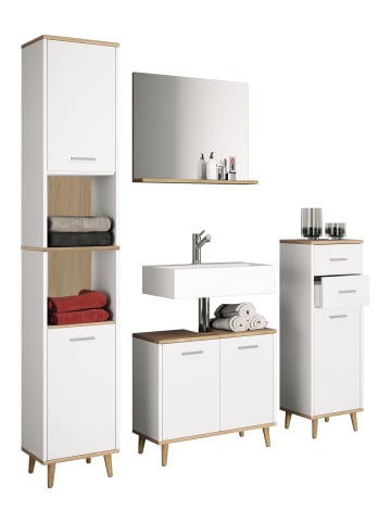 VCM  4-tlg. Komplett Badmöbel Badschrank Set Landos l in Weiß / Honig-Eiche
