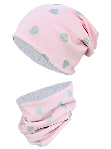 TupTam Unisex Kinder Beanie Mütze Schlauchschal Set in rosa/grau