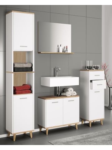 VCM  4-tlg. Komplett Badmöbel Badschrank Set Landos l in Weiß / Honig-Eiche