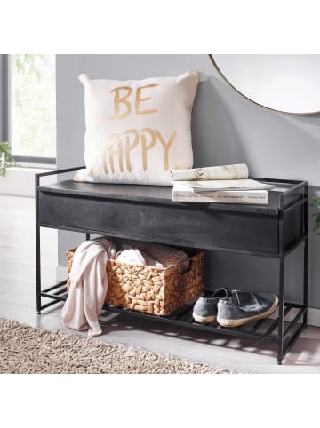 KADIMA DESIGN Schuhbank Massivholz | Mango/Metall, 90x52cm, Schwarz, mit Regal in Schwarz