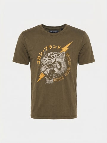 KOROSHI Crew cotton print-emb washed t-shirt in braun
