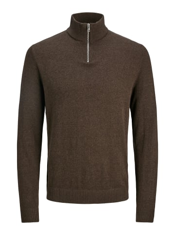 Jack & Jones Dünner Strickpullover Half Zip Stehkragen Sweater JJEEMIL in Braun
