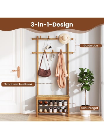 COSTWAY Garderobenständer mit Schuhbank 170cm in Hellbraun
