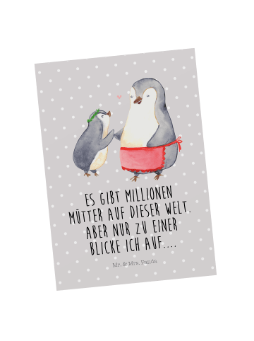 Mr. & Mrs. Panda Postkarte Pinguin mit Kind mit Spruch in Grau Pastell