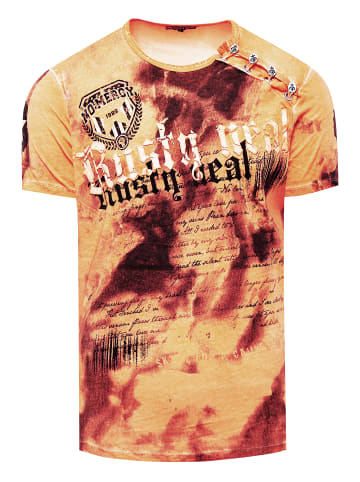 Rusty Neal T-Shirt Verwaschen mit Logo Print und Knopfleiste in Orange