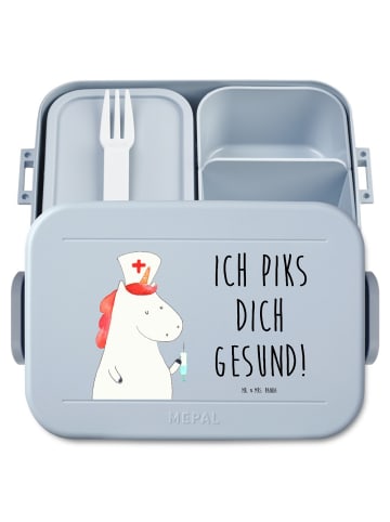 Mr. & Mrs. Panda Brotbox Einhorn Krankenschwester Motiv mit Spruch in Blau Pastell